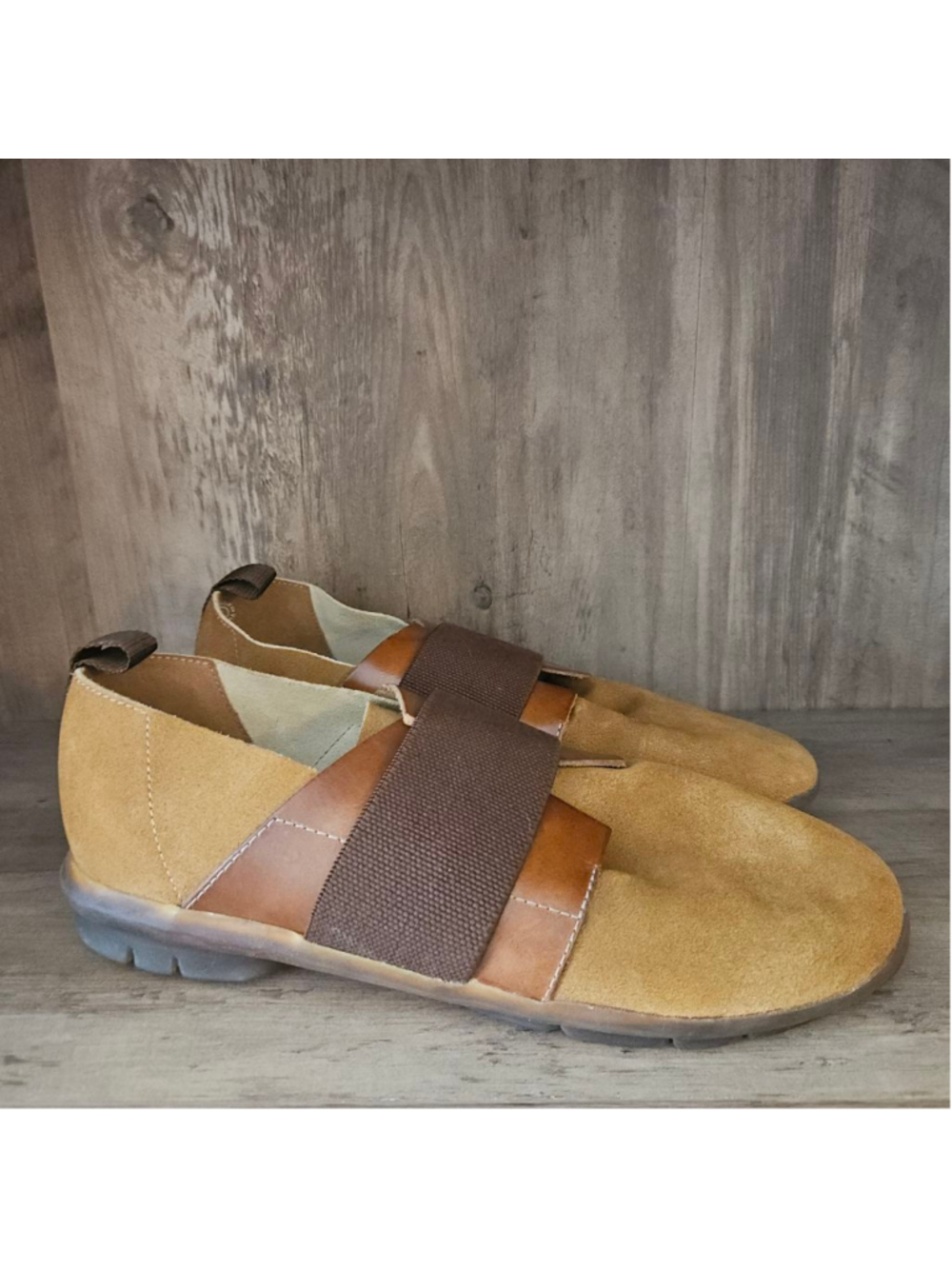 John Fluevog Yellow Lightweight Slip On Shoe Brown Tan Suede Mens 9